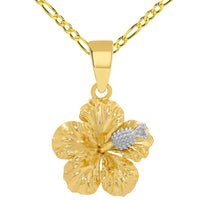 Load image into Gallery viewer, 14k Two-Tone Gold Hibiscus Charm Textured Flower Pendant Necklace
