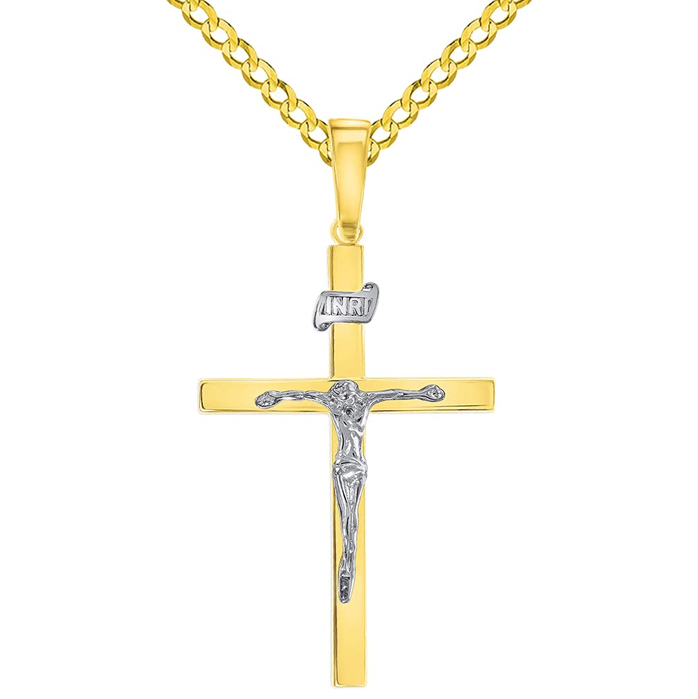 14k Two-Tone Gold 3D INRI Catholic Christian Crucifix Cross Pendant with Cuban Chain Curb Necklace