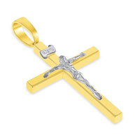 Load image into Gallery viewer, 14k Two-Tone Gold 3D INRI Catholic Christian Crucifix Cross Pendant with Cuban Chain Curb Necklace
