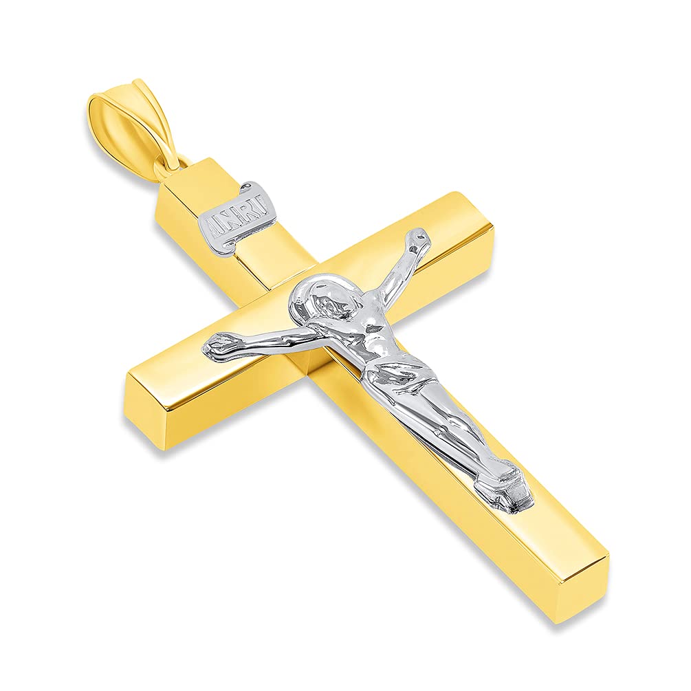 14k Two-Tone Gold 4mm Thick INRI Tubular Crucifix Cross Pendant (46 x 25.5mm)