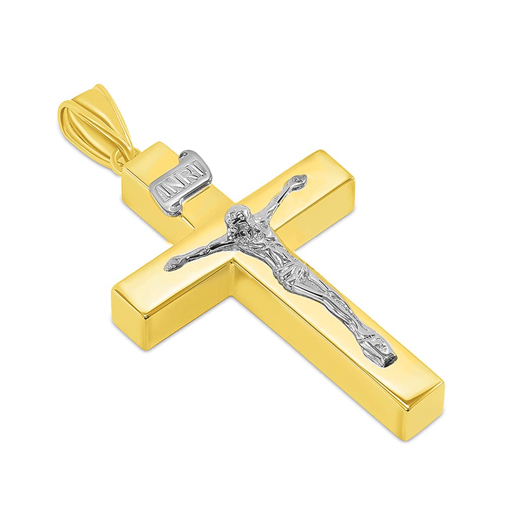 14k Two-Tone Gold 4mm Thick INRI Tubular Crucifix Cross Pendant