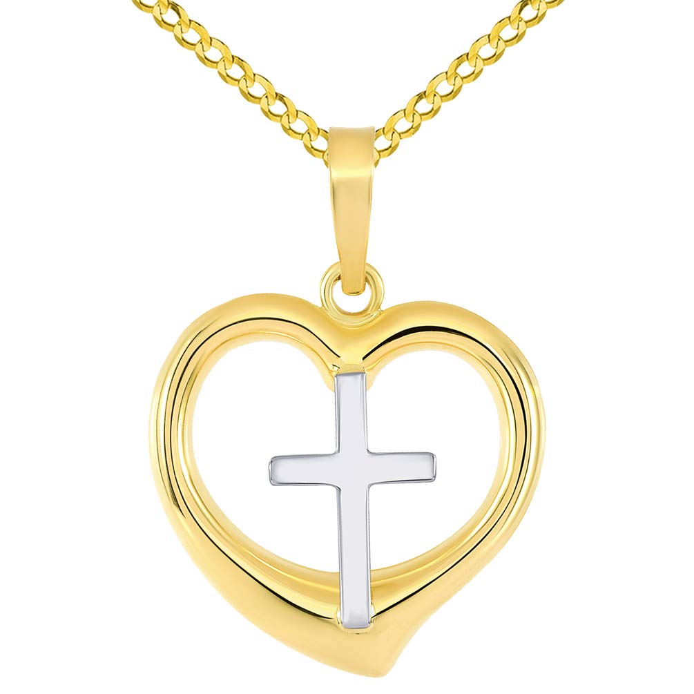 14k Two-Tone Gold Religious Cross Charm in 3D Heart Charm Pendant with Curb Chain Necklace