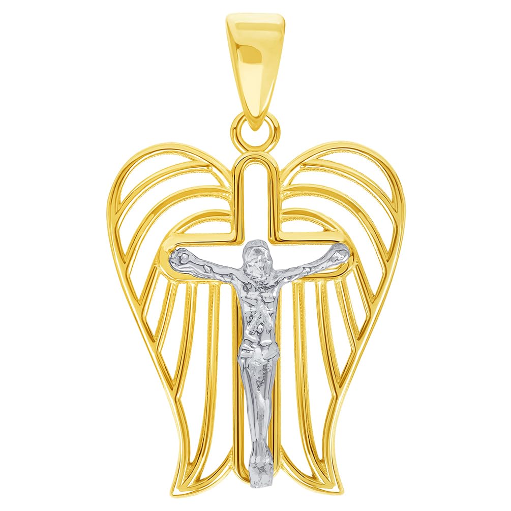 14k Two-Tone Gold Religious Cross Crucifix with Wings Pendant