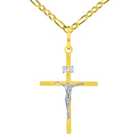 Load image into Gallery viewer, 14k Two-Tone Gold Simple Catholic INRI Jesus Crucifix Pendant with Figaro Chain Necklace
