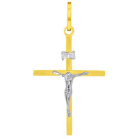 Load image into Gallery viewer, 14k Two-Tone Gold Simple Catholic INRI Jesus Crucifix Pendant with Cuban Curb Chain Necklace
