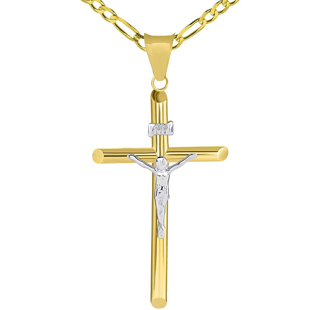 14k Two Tone Gold Traditional Catholic Cross INRI Crucifix Pendant with Figaro Necklace