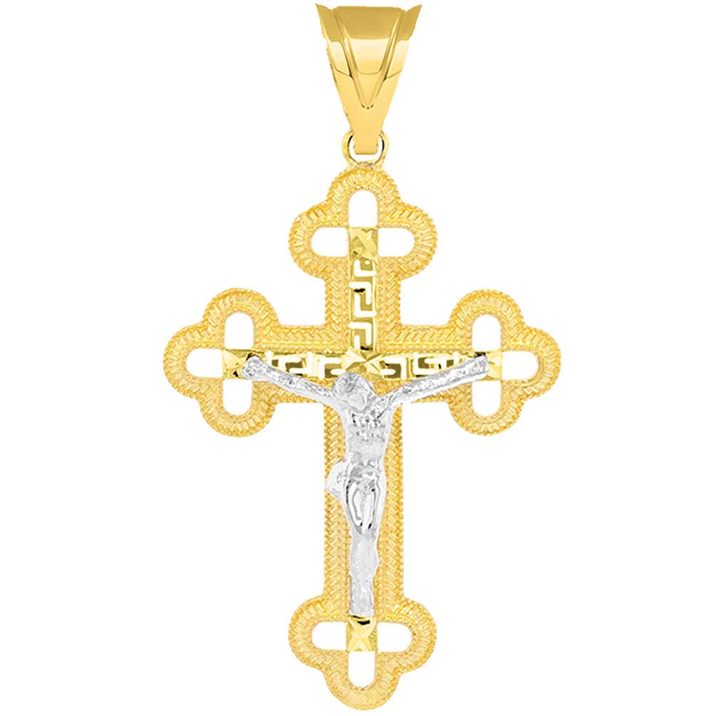 14k Two Tone Gold Christian Orthodox Cross Crucifix Pendant with Greek Key Pattern