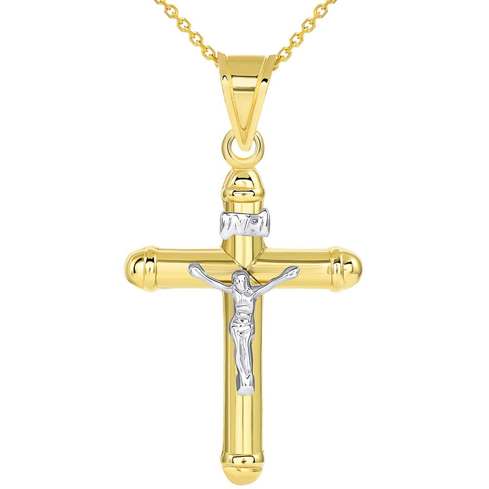 14k Two Tone Gold Rounded Edge Christian INRI Crucifix Tube Cross Pendant Necklace