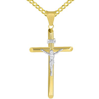 Load image into Gallery viewer, 14k Two Tone Gold Medium Cross INRI Crucifix Pendant with Cuban Necklace

