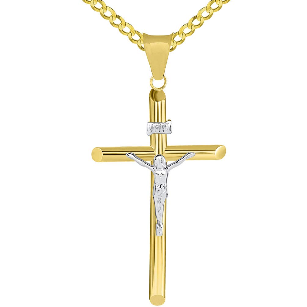 14k Two Tone Gold Medium Cross INRI Crucifix Pendant with Cuban Necklace