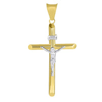 Load image into Gallery viewer, 14k Two Tone Gold Medium Cross INRI Crucifix Pendant with Cuban Necklace
