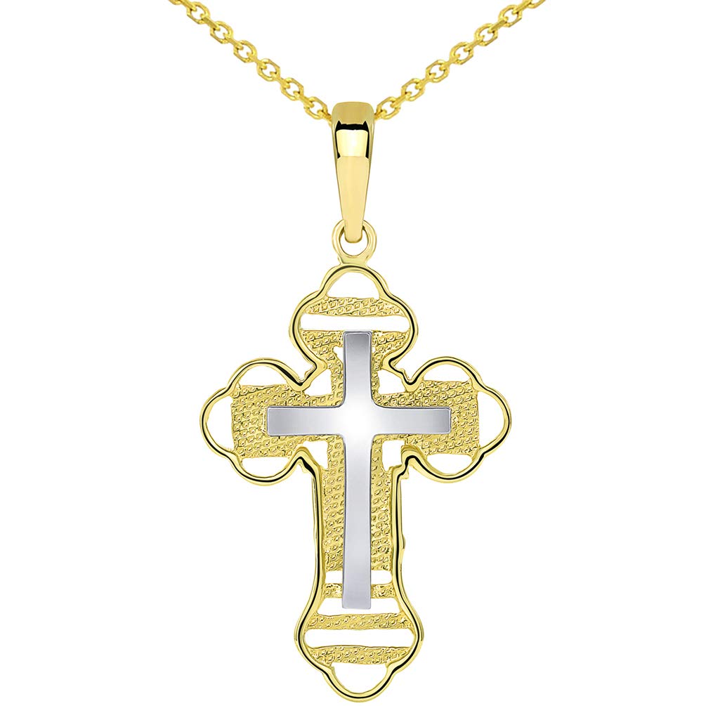 14k Two Tone Gold Outlined Orthodox Double Cross Pendant Necklace