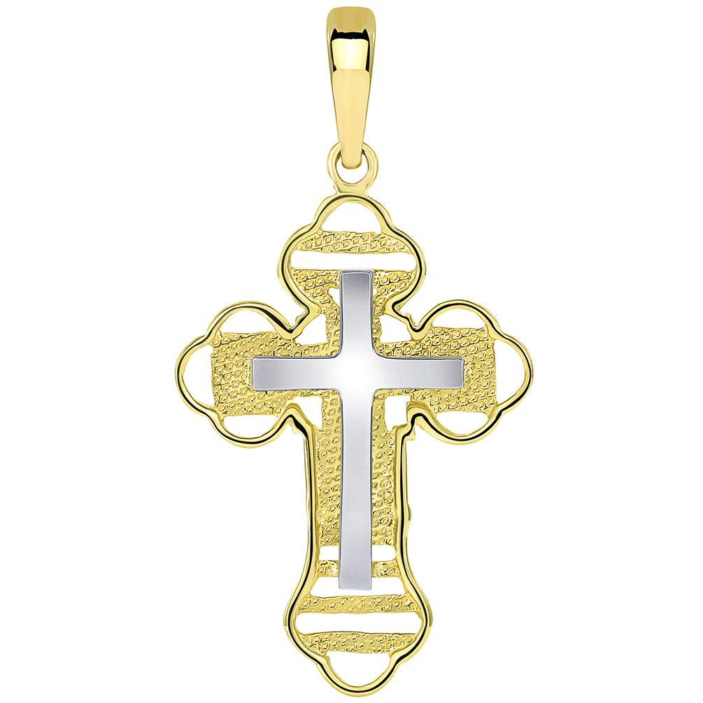 14k Two Tone Gold Outlined Orthodox Double Cross Pendant