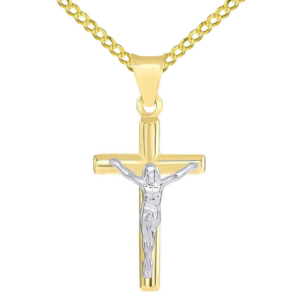 14k Two Tone Gold Small Latin Cross Crucifix Pendant Cuban Necklace