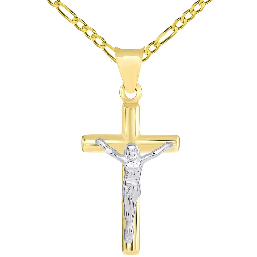 14k Two Tone Gold Small Latin Cross Crucifix Pendant Figaro Necklace