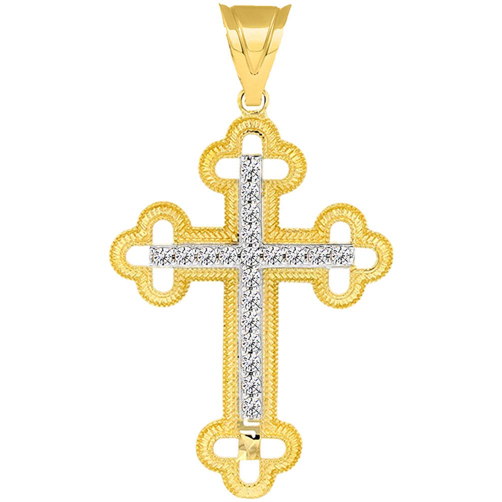 14k Two Tone Gold Textured Christian Orthodox CZ Cross Pendant