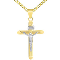 Load image into Gallery viewer, 14k Two Tone Gold Tubular Cross INRI Crucifix Pendant with Figaro Necklace
