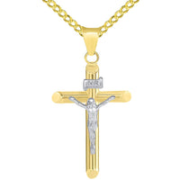 Load image into Gallery viewer, 14k Two Tone Gold Tubular Cross INRI Crucifix Pendant with Cuban Necklace
