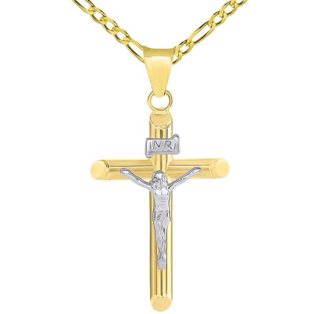 14k Two Tone Gold Tubular Cross INRI Crucifix Pendant with Figaro Necklace