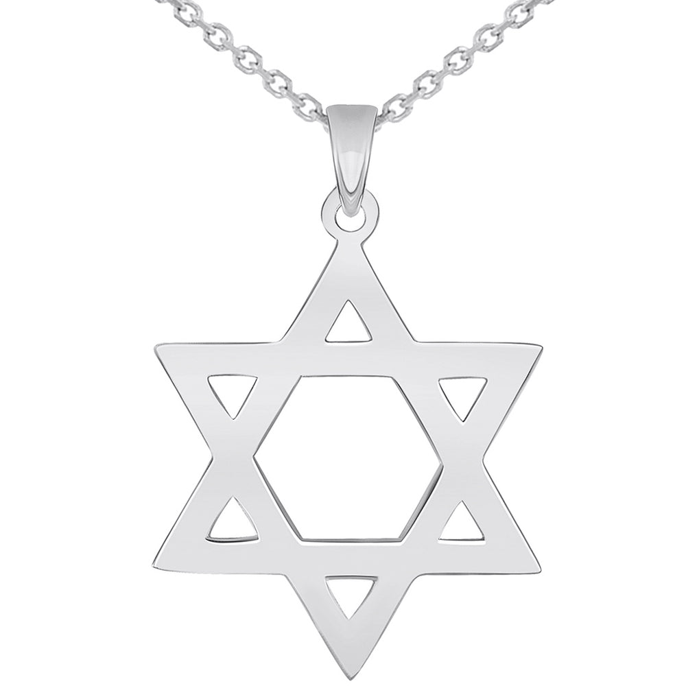 Solid 14k White Gold 1mm Thick Star Of David Pendant Necklace