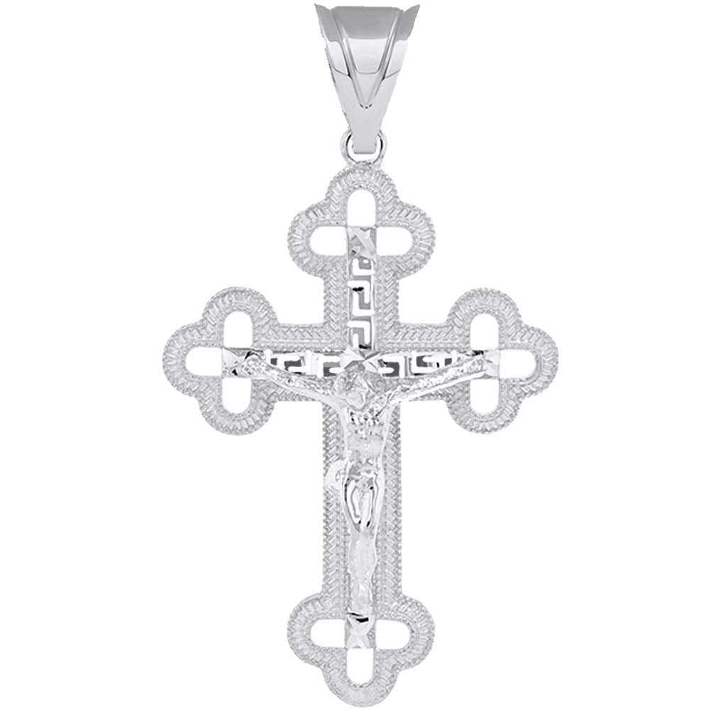 14k White Gold Christian Orthodox Cross Crucifix Pendant with Greek Key Pattern