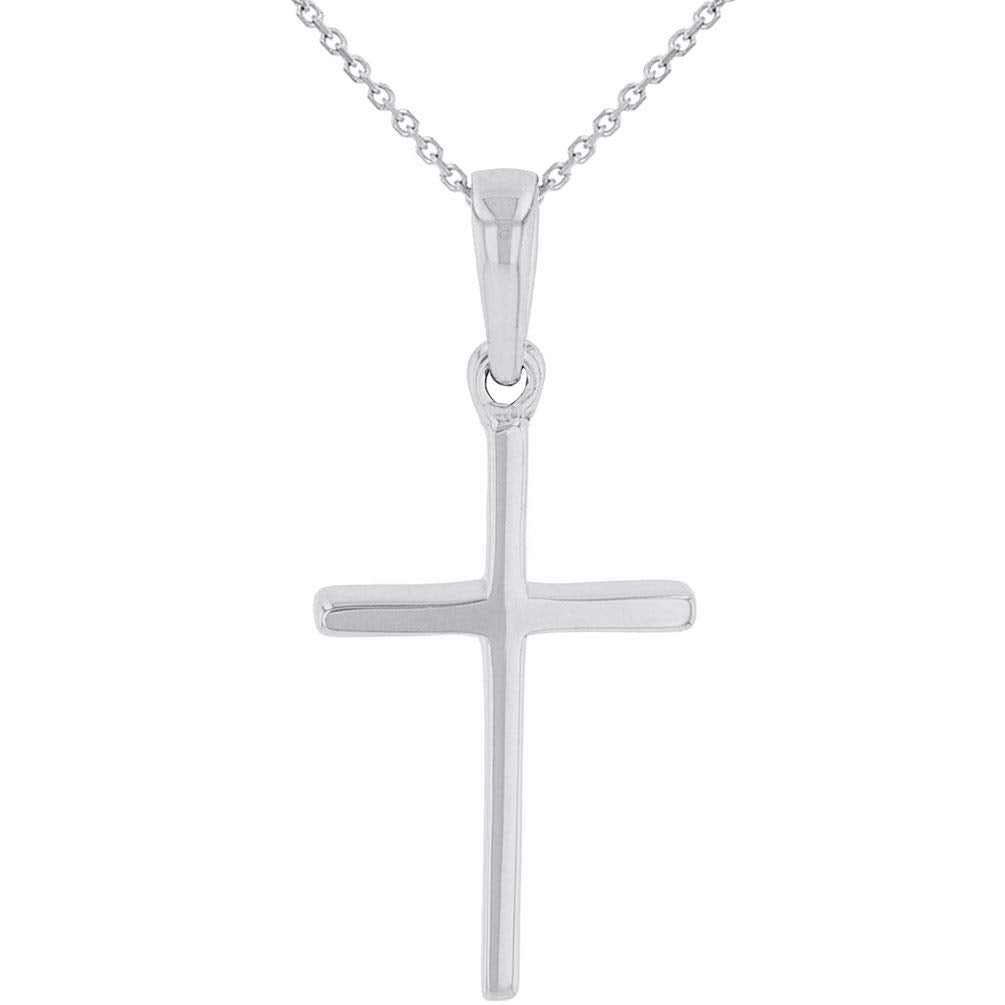 Solid 14k White Gold Classic Christian Cross Charm Pendant Necklace