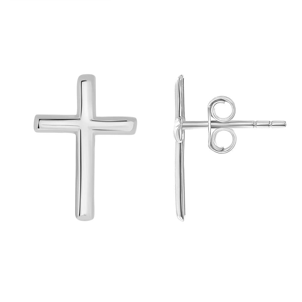14k White Gold Classic Religious Plain Cross Stud Earrings with Friction Back