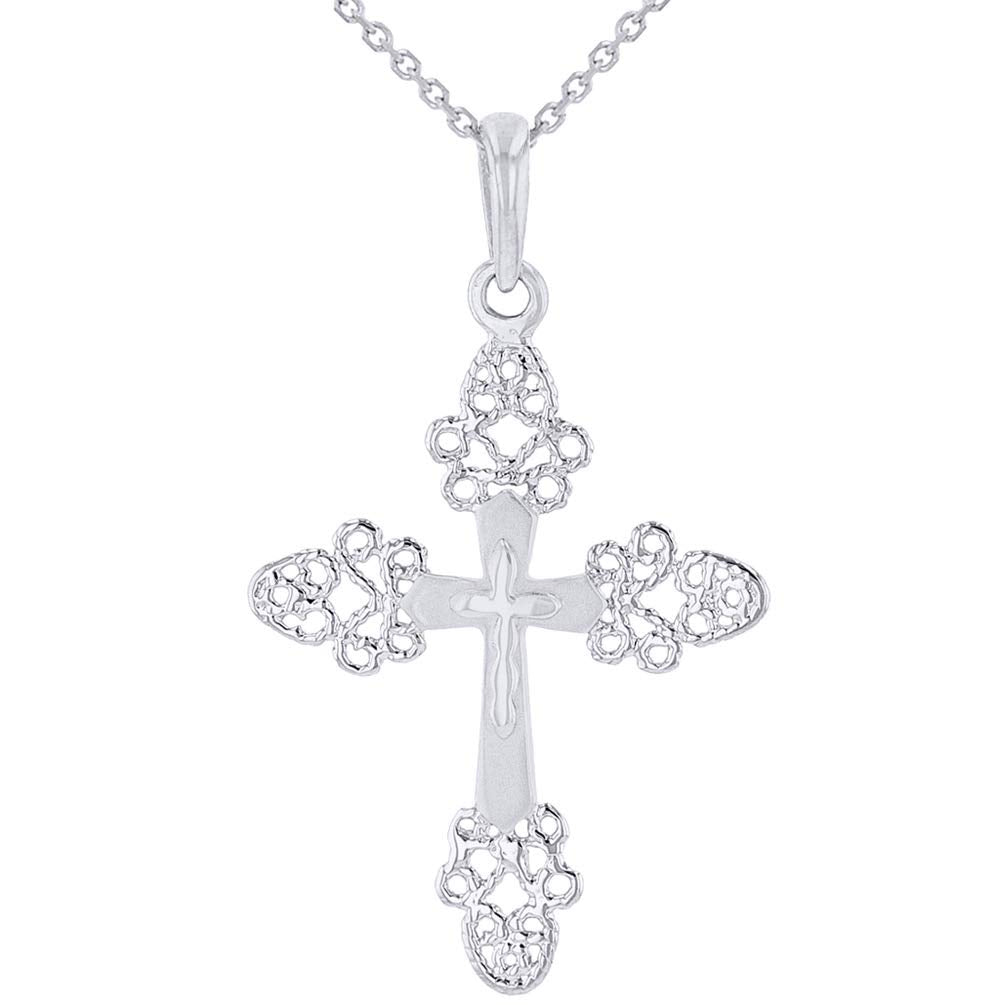 14k White Gold Elegant Filigree Fleur de Lis Cross Pendant Necklace