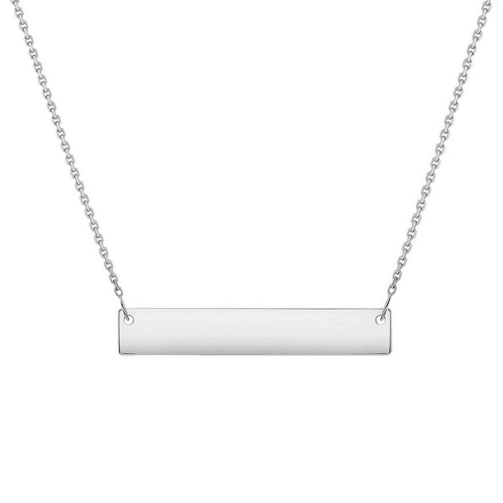 Solid 14k White Gold Small Engravable Personalized Bar Necklace with Lobster Claw (Adjustable Chain 16" to 18")