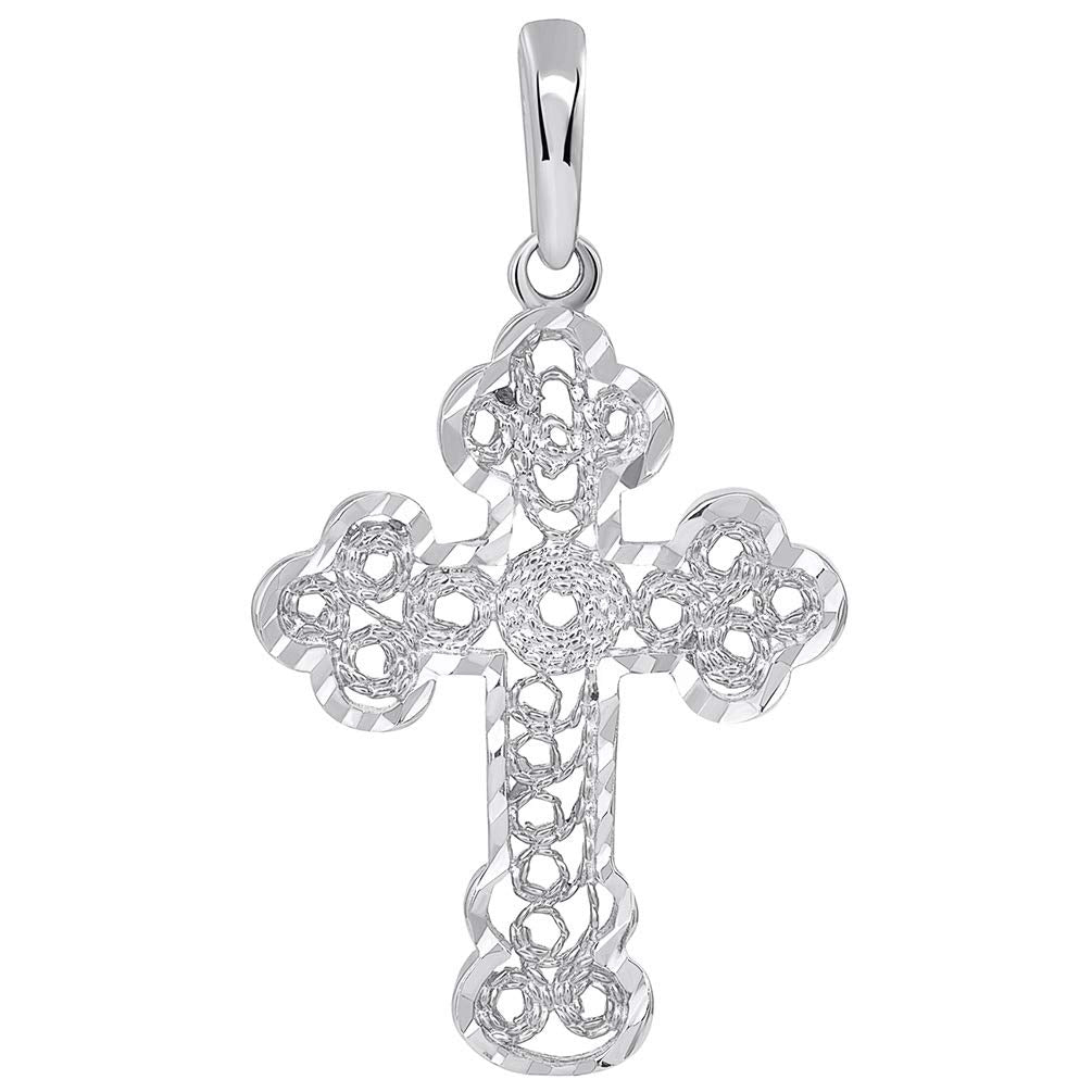 Solid 14k White Gold Filigree Eastern Orthodox Cross Pendant