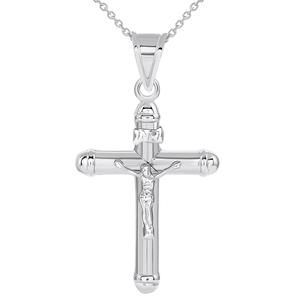 14k White Gold Flat Tubuar INRI Crucifix Cross Pendant Necklace