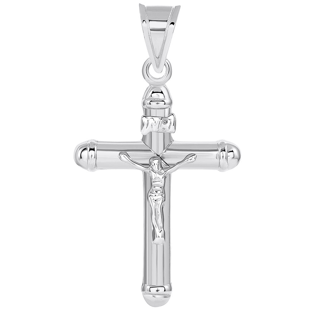 14k White Gold Flat Tubuar INRI Crucifix Cross Pendant