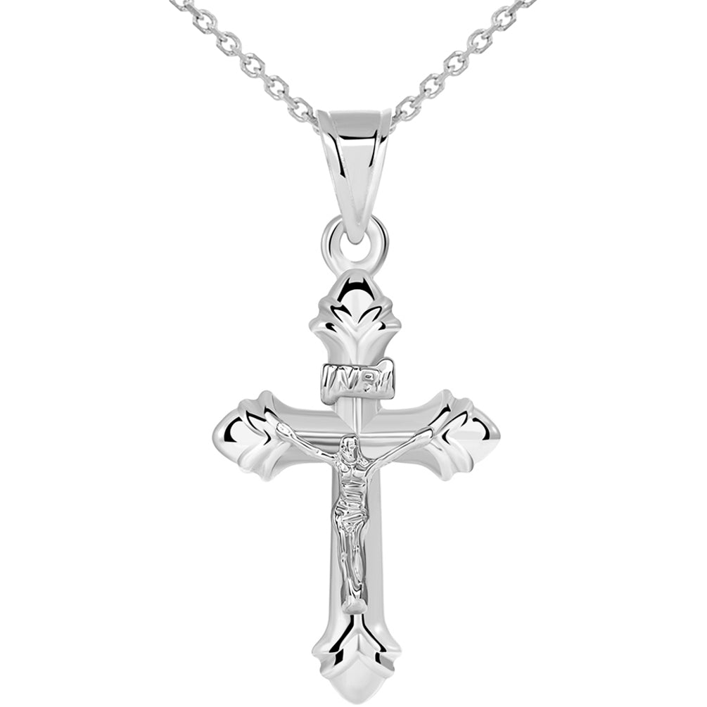 14k White Gold INRI Fleur-de-Lis Crucifix Cross Pendant Necklace