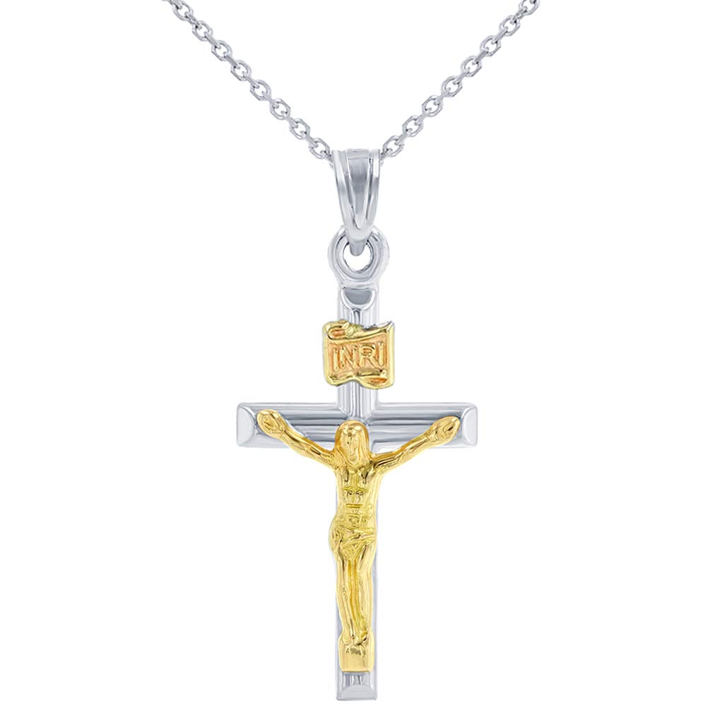 14k White Gold Latin INRI Cross Two Tone Crucifix Pendant Necklace