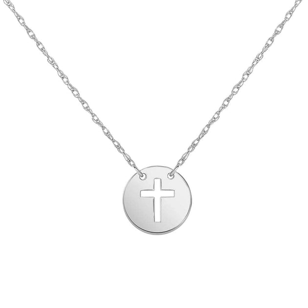 14k White Gold Mini Christian Cross Disc Necklace | Jewelry America