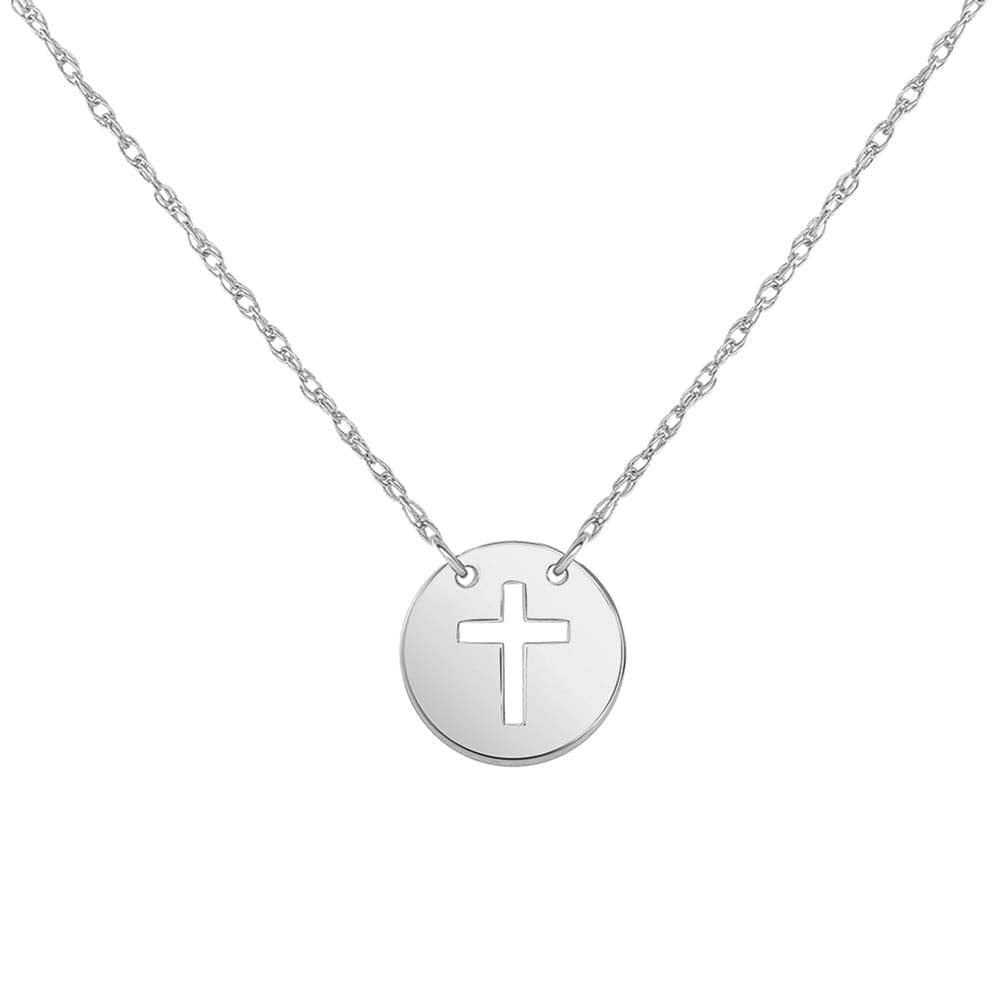 14k White Gold Mini Christian Cross Disc Necklace with Spring Ring Clasp (16" to 18" Adjustable Chain)