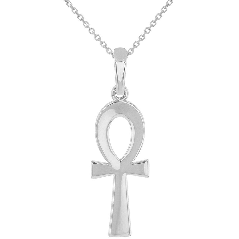 Solid 14k White Gold Plain and Simple Egyptian Ankh Cross Pendant with Chain Necklace