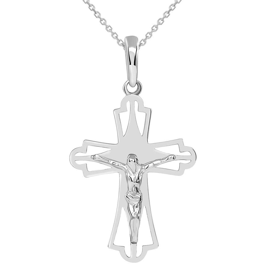 Solid 14k White Gold Religious Open Cross Jesus Crucifix Pendant Necklace