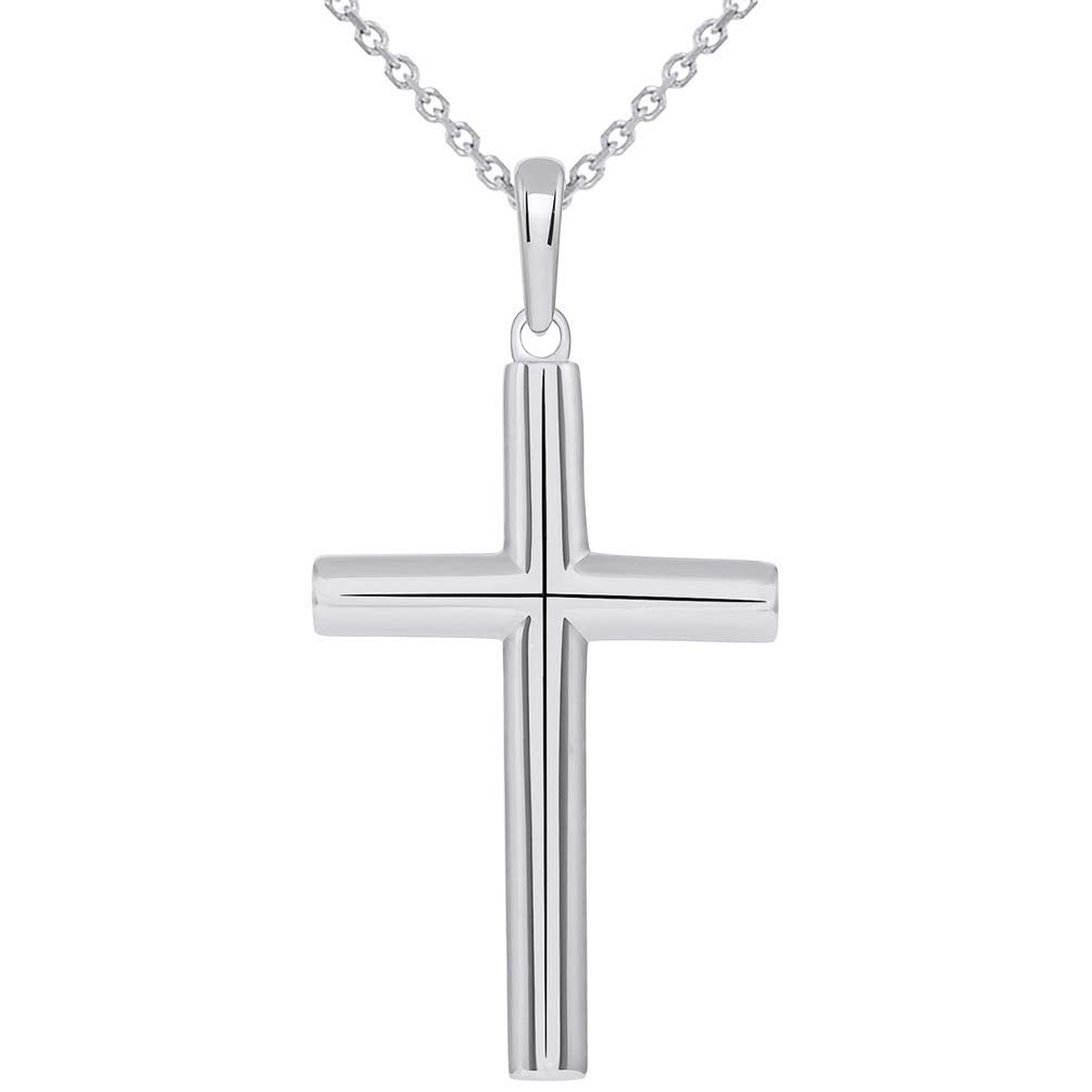 Solid 14k White Gold Rounded Edge Simple Christian Cross Pendant Necklace