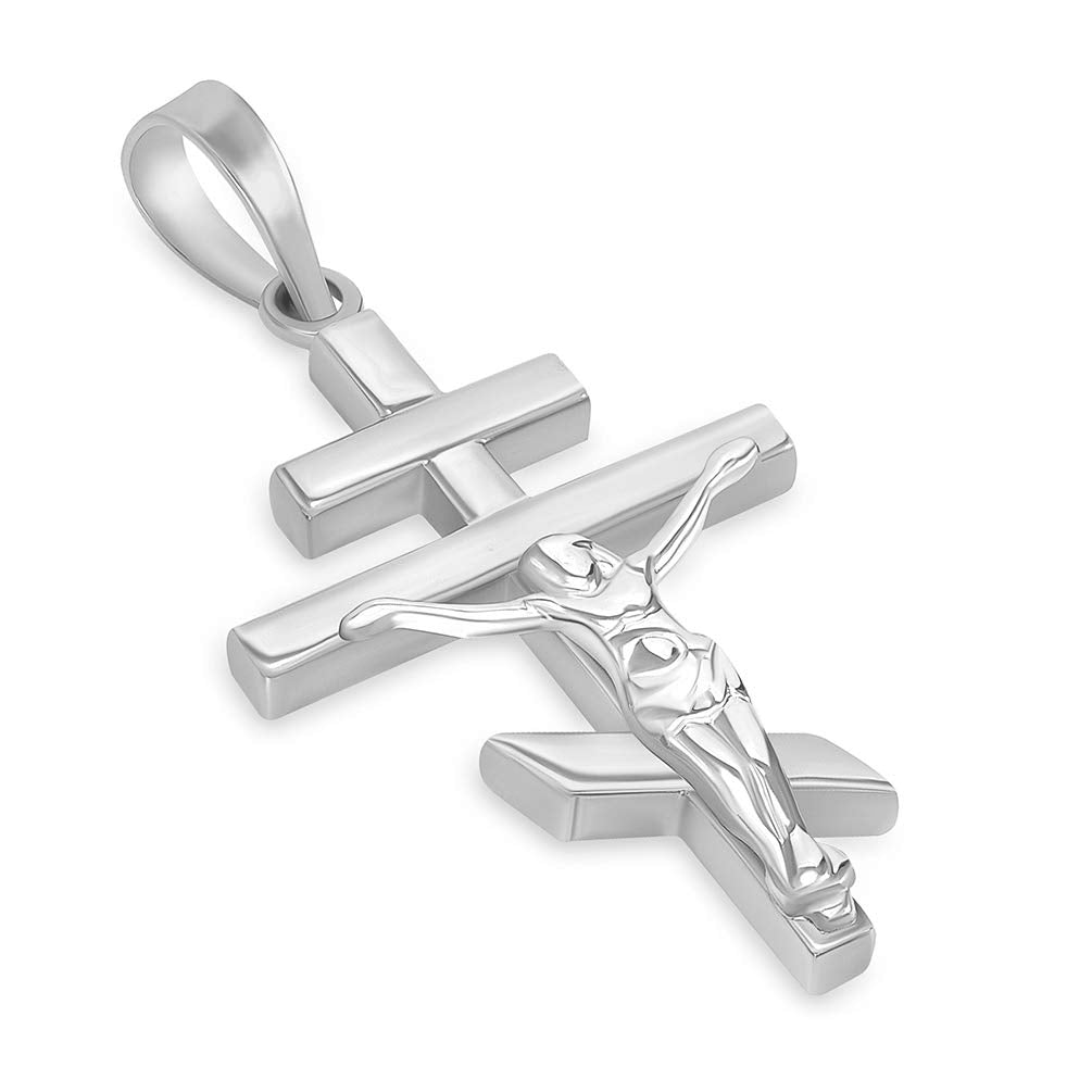 High Polish 14k White Gold Russian Orthodox Cross Crucifix Pendant (1.2")