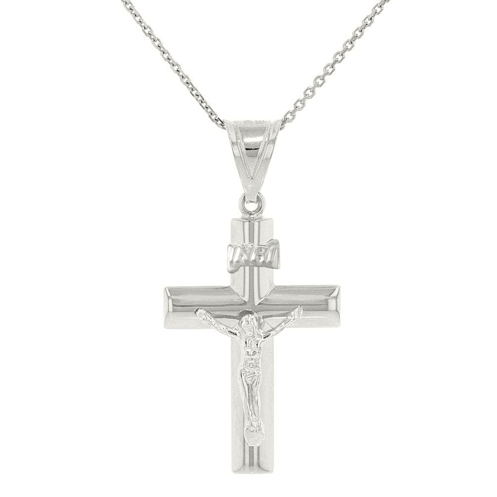 14k White Gold Simple Cross Charm Crucifix with Jesus Pendant Necklace