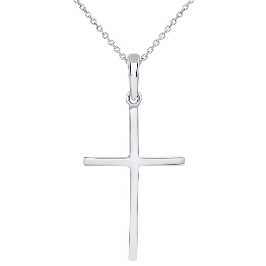 14k White Gold Solid Slender Slope Christian Cross Pendant Necklace