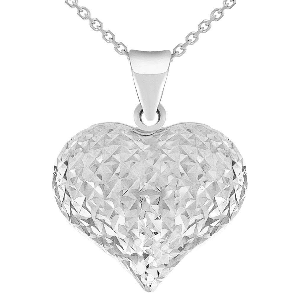 14k White Gold Sparkle Cut Puffed Heart Pendant Necklace