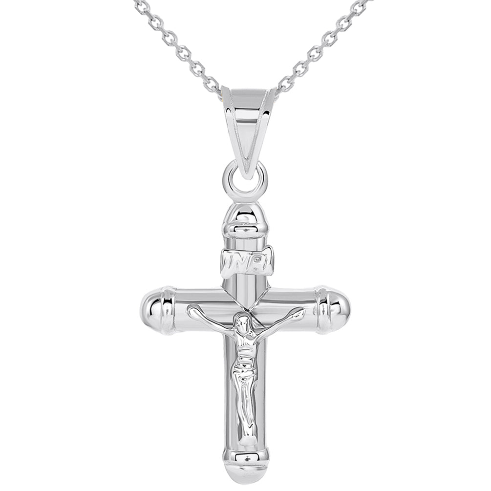 14k White Gold Tubuar INRI Crucifix Religious Cross Pendant Necklace