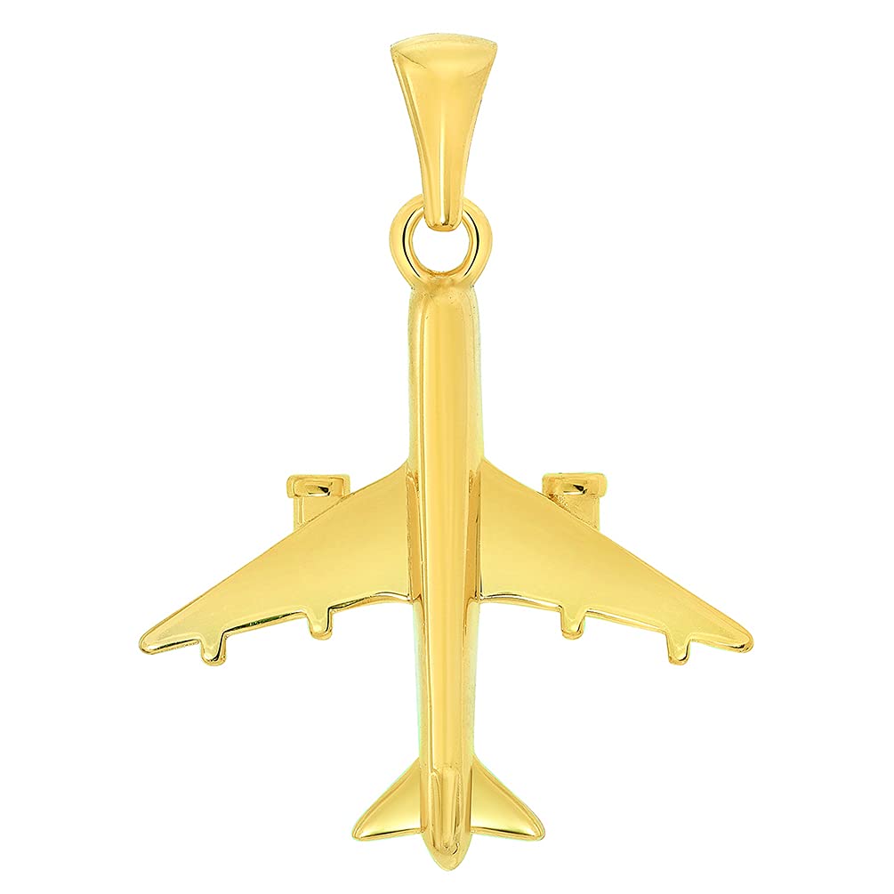 Solid 14k Yellow Gold 3D Vertical Airplane Jet Aircraft Pendant