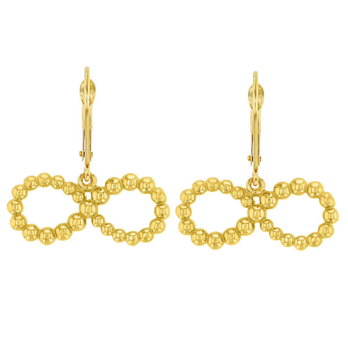 14k Yellow Gold Beaded Infinity Symbol Dangling Earrings with Leverback
