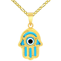 Load image into Gallery viewer, 14k Yellow Gold Blue Evil Eye Hamsa Hand Charm Pendant Figaro Chain Necklace
