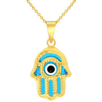 Load image into Gallery viewer, 14k Yellow Gold Blue Evil Eye Hamsa Hand Charm Pendant Necklace
