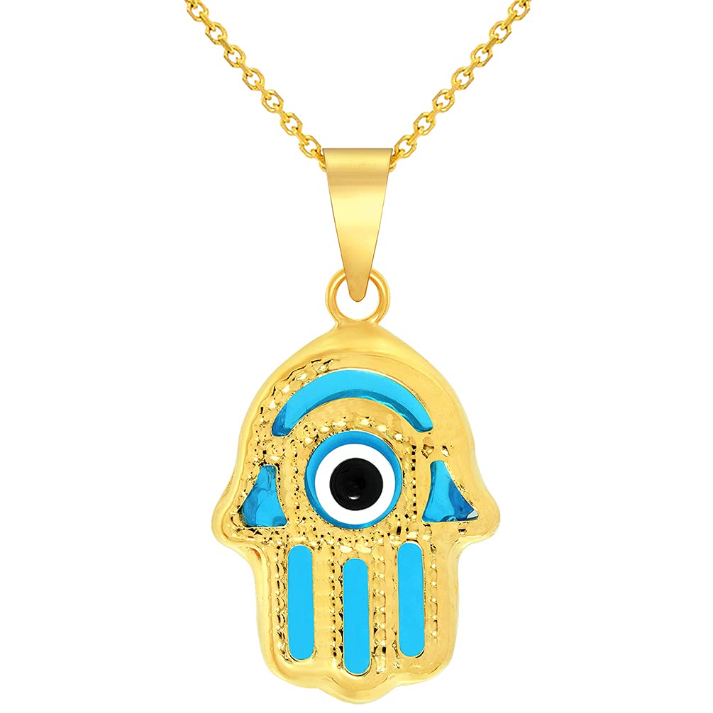 14k Yellow Gold Blue Evil Eye Hamsa Hand Charm Pendant Necklace