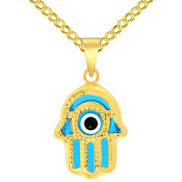 Load image into Gallery viewer, 14k Yellow Gold Blue Evil Eye Hamsa Hand Charm Pendant Cuban Chain Curb Necklace
